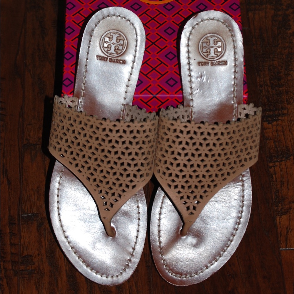 Tory Burch Floral-Perforated Flat Thong Sandal